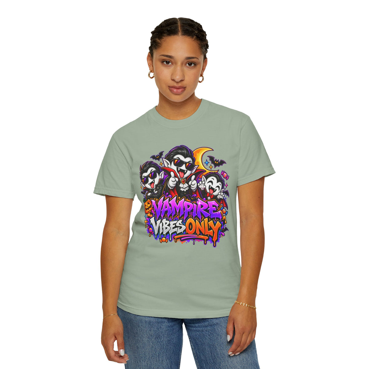 Neon Vampire Vibes Halloween Unisex Garment-Dyed T-Shirt Featuring a Cool Festora Vampire Crew