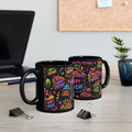 Happy Birthday Neon Cake Black Mug — Colorful Party Coffee Cup (11oz/15oz)