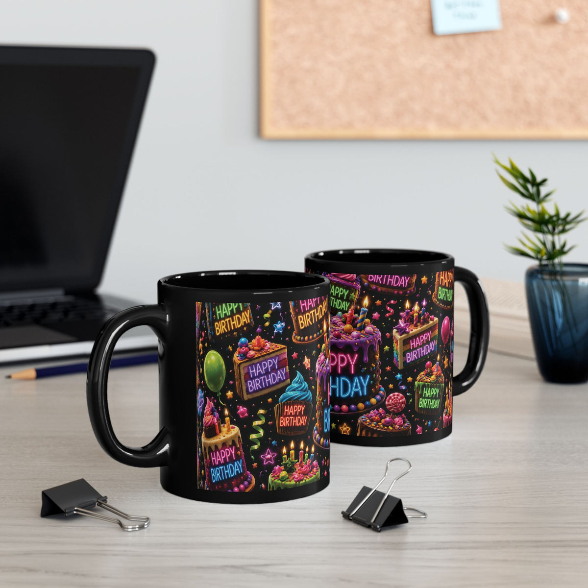 Happy Birthday Neon Cake Black Mug — Colorful Party Coffee Cup (11oz/15oz)