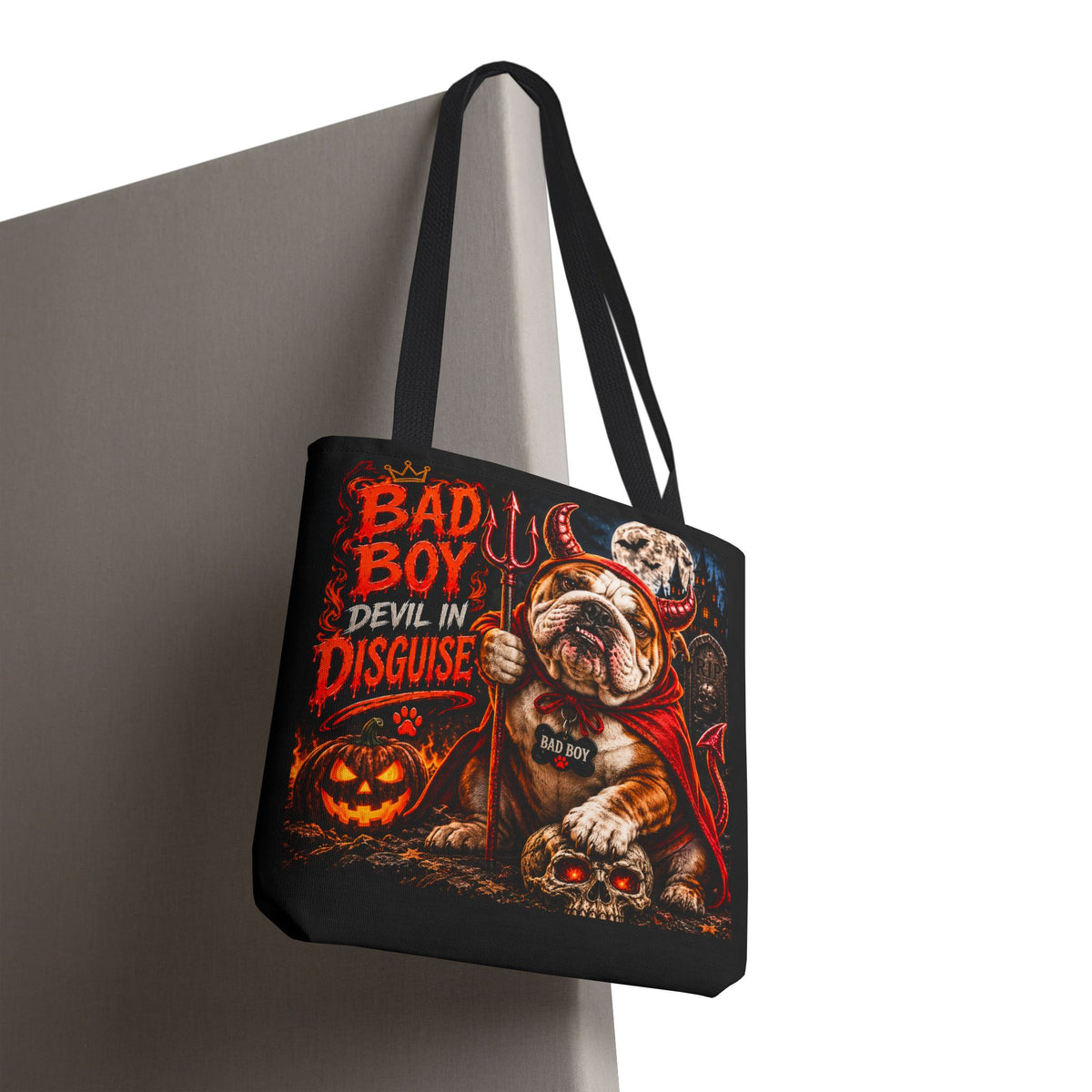 Halloween Bulldog Tote Bag – "Bad Boy Devil in Disguise" Gothic Pumpkin Skull Design