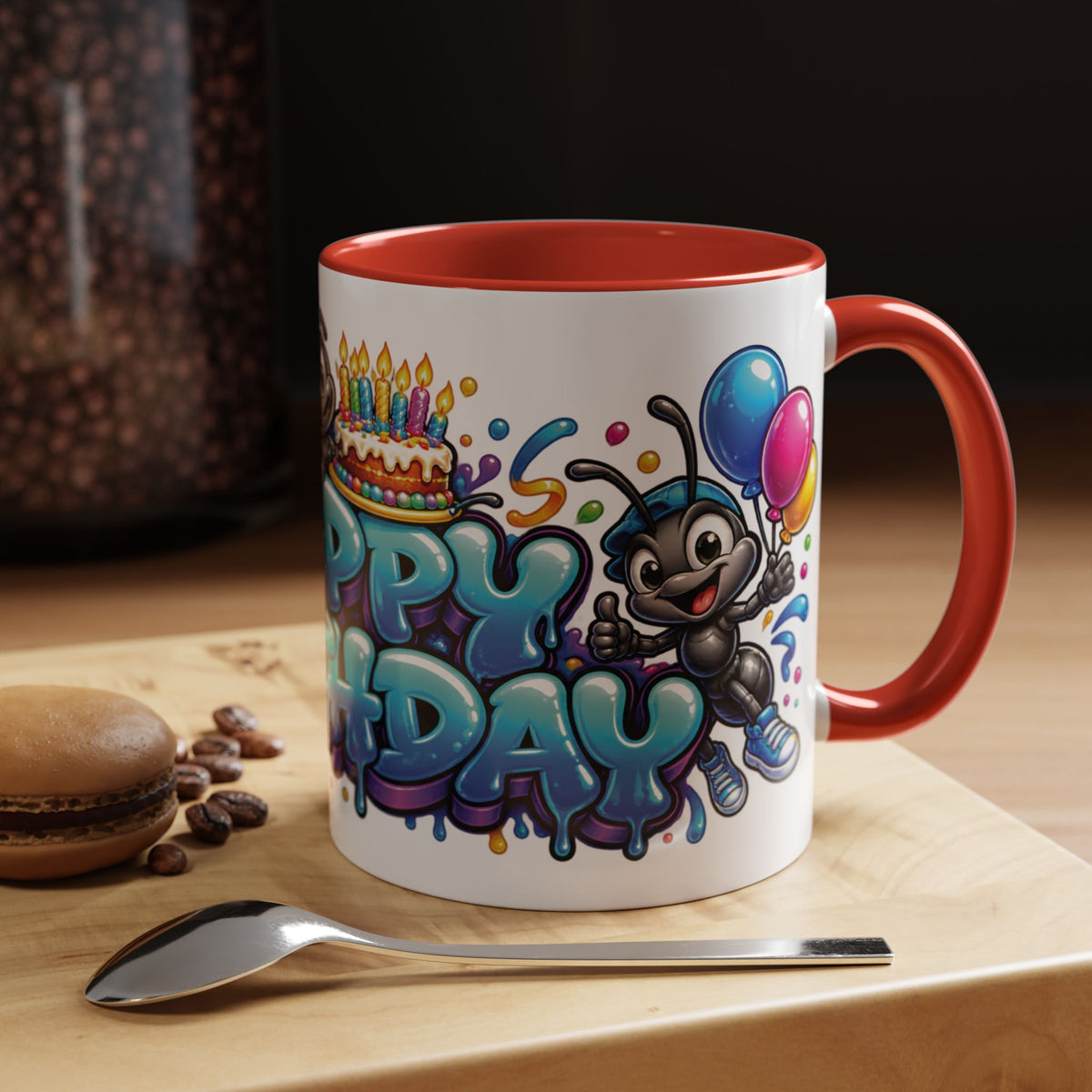 Happy Birthday Cartoon Mug – Graffiti Ants, Birthday Cake, Balloons & Confetti Coffee Cup