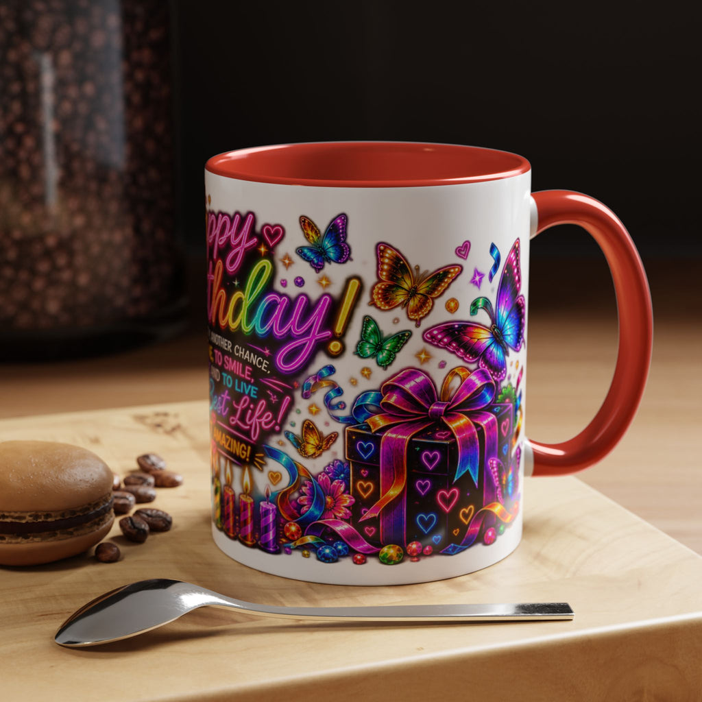 Birthday Coffee Mug – Colorful "Happy Birthday" Gift Mug with Butterflies & Candles