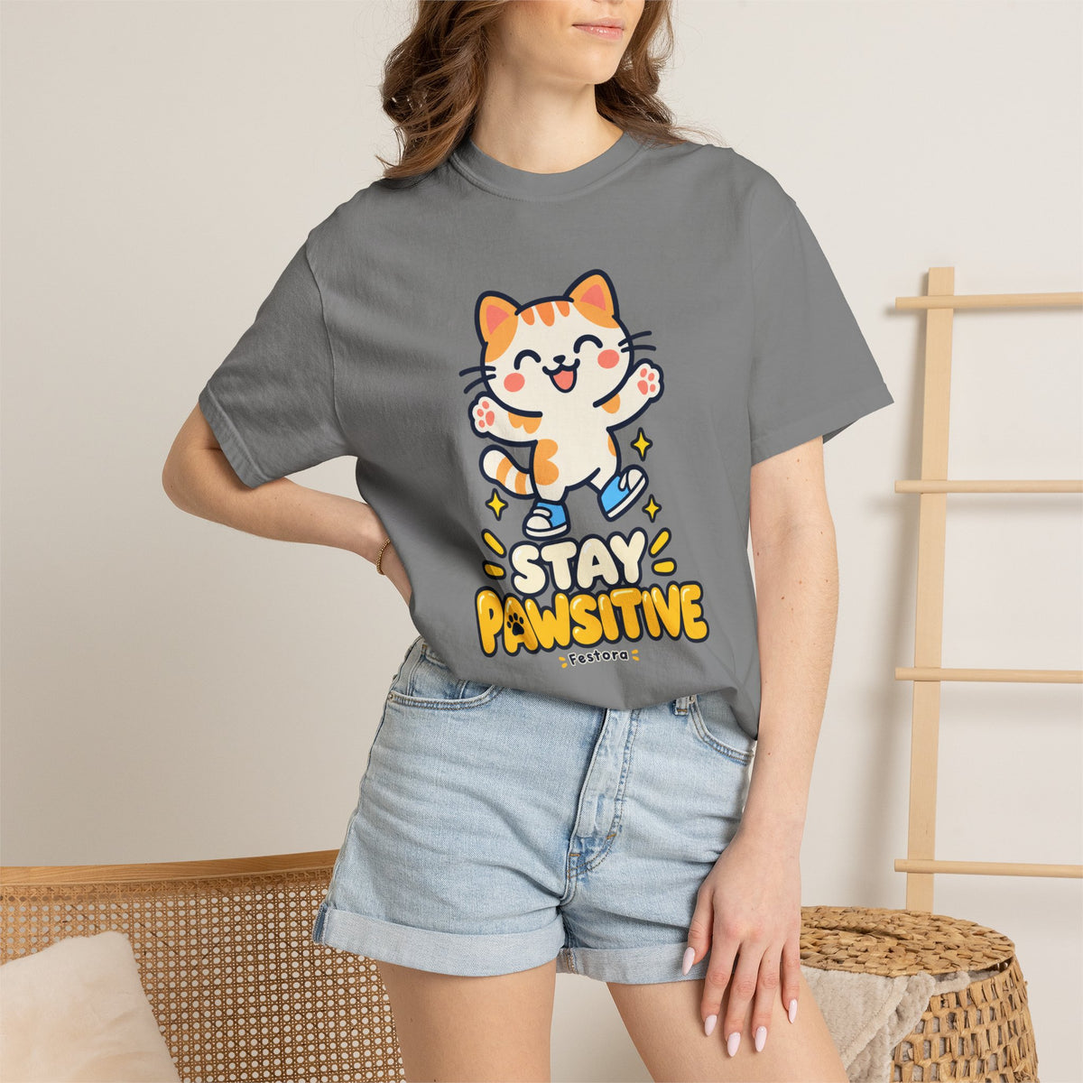 Stay Pawsitive – Cute Happy Cat Graphic T-Shirt
