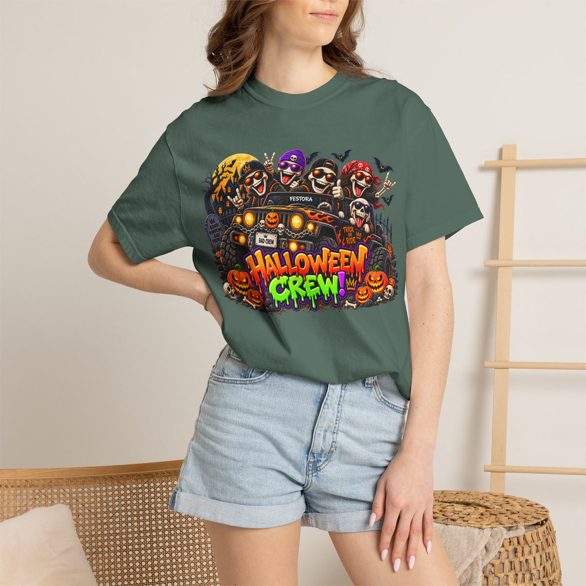 Halloween Crew T-Shirt – Skeleton Jeep Spooky Graphic Tee