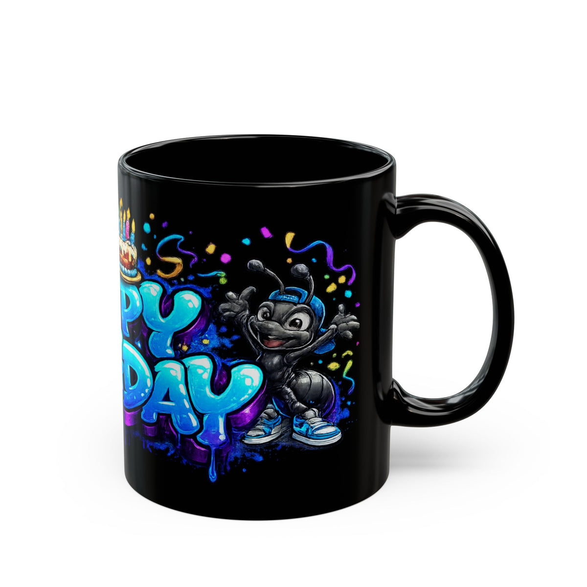 Happy Birthday Black Mug — Colorful Graffiti Cake & Cartoon Character Birthday Coffee Cup (11oz/15oz)