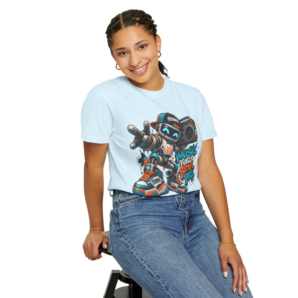 Music Fuels Better Days T-Shirt — Retro Robot Boombox Streetwear
