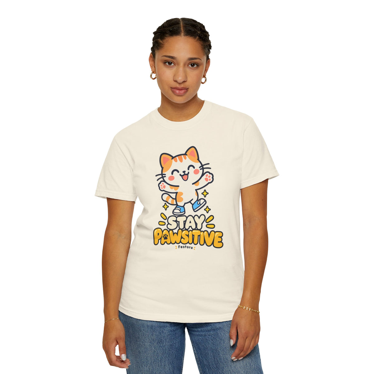 Stay Pawsitive – Cute Happy Cat Graphic T-Shirt