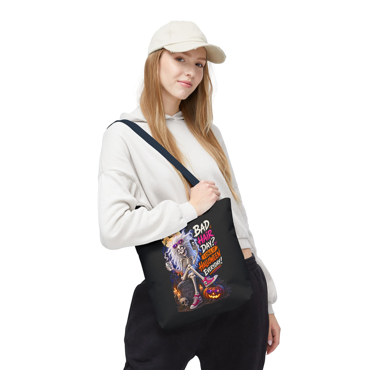 Halloween Skeleton Tote Bag — "Bad Hair Day? I Call It Halloween Everyday" Graphic
