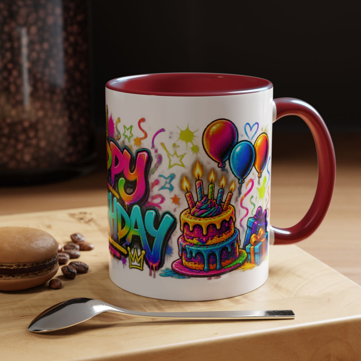 Happy Birthday Accent Coffee Mug – Colorful Graffiti Cake & Balloons (11/15oz)