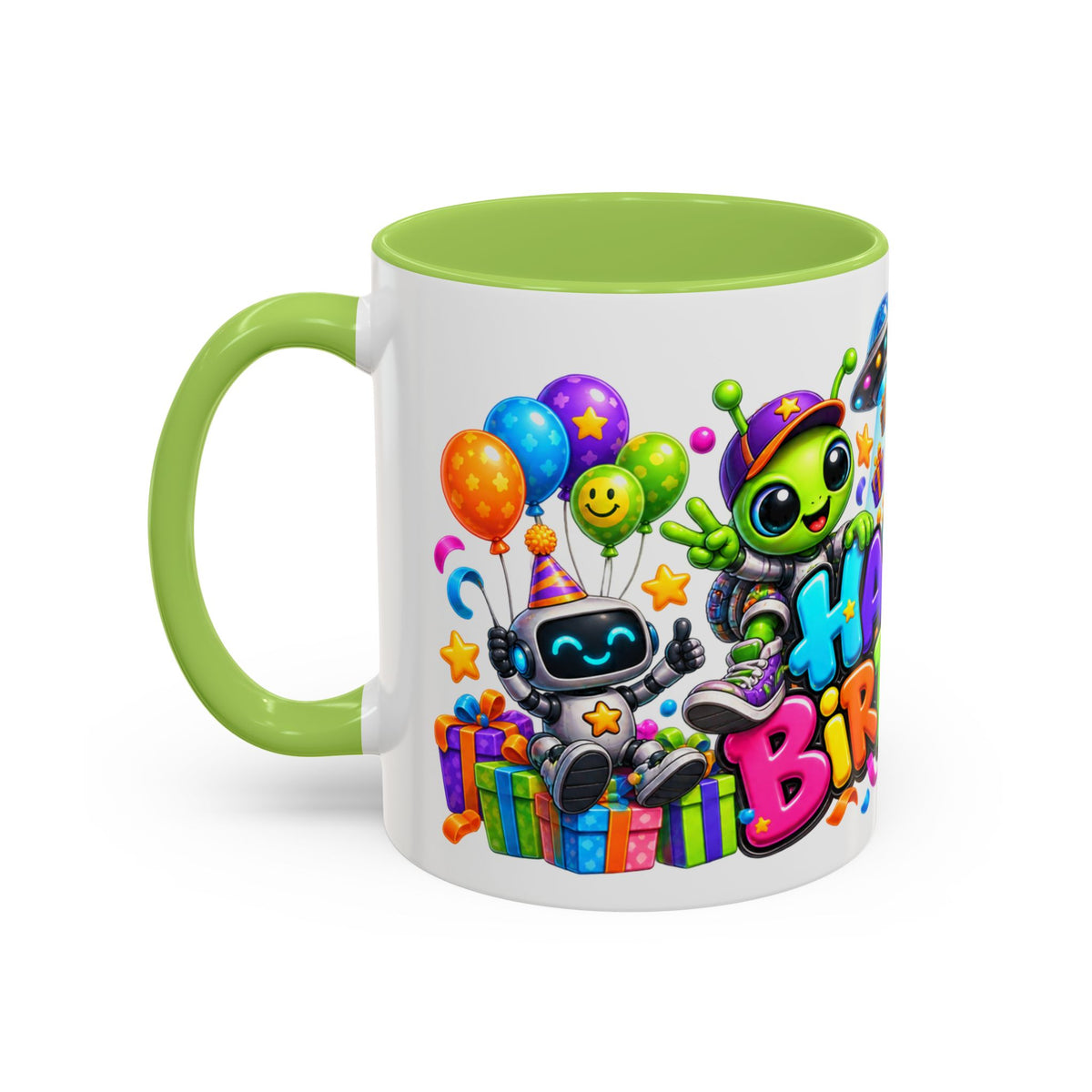 Happy Birthday Space Party Mug – Cute Aliens, Robots, UFO & Colorful 3D Birthday Design