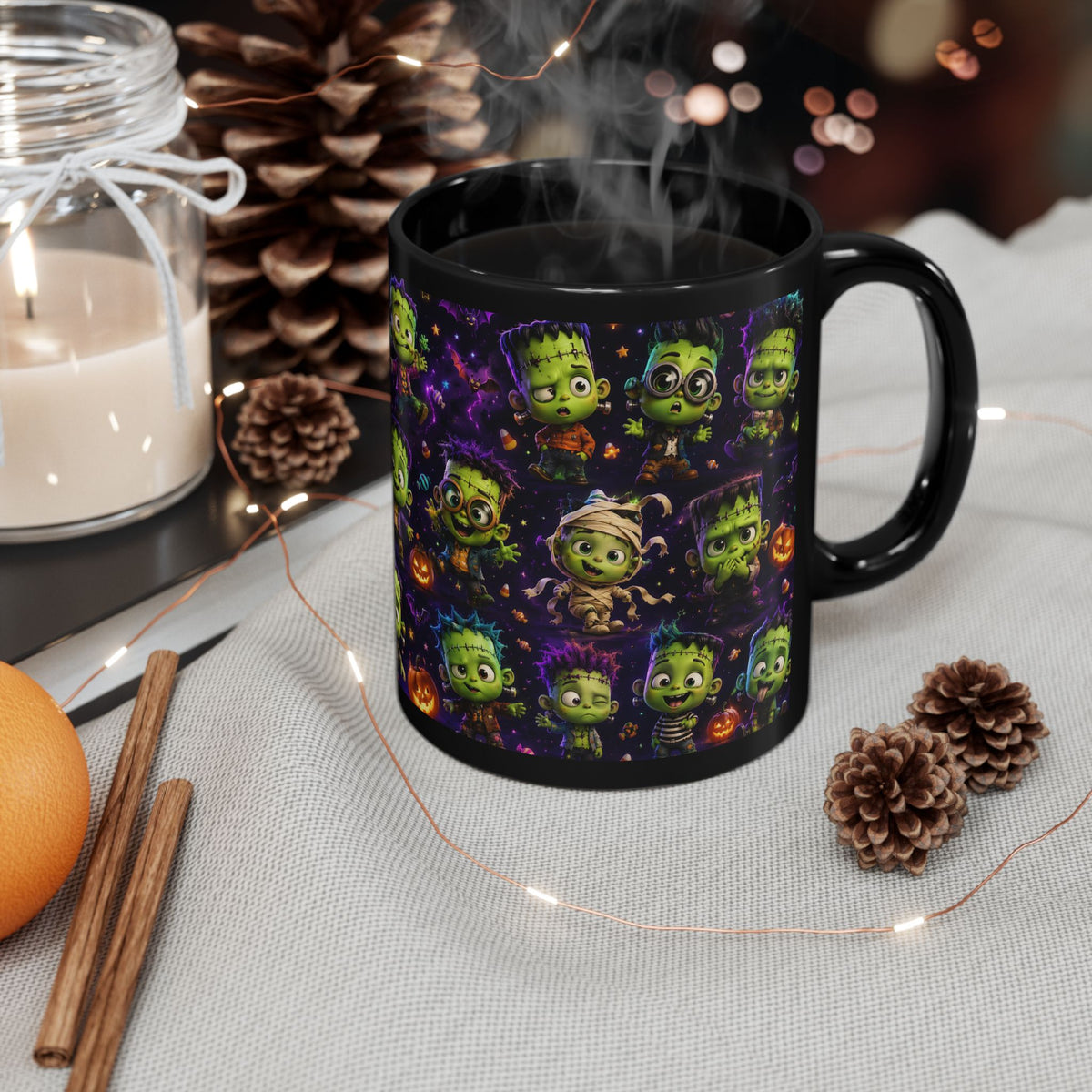 Cute Frankenstein Halloween Mug — Black Ceramic Coffee Cup with Cartoon Monsters & Pumpkins (11oz/15oz)