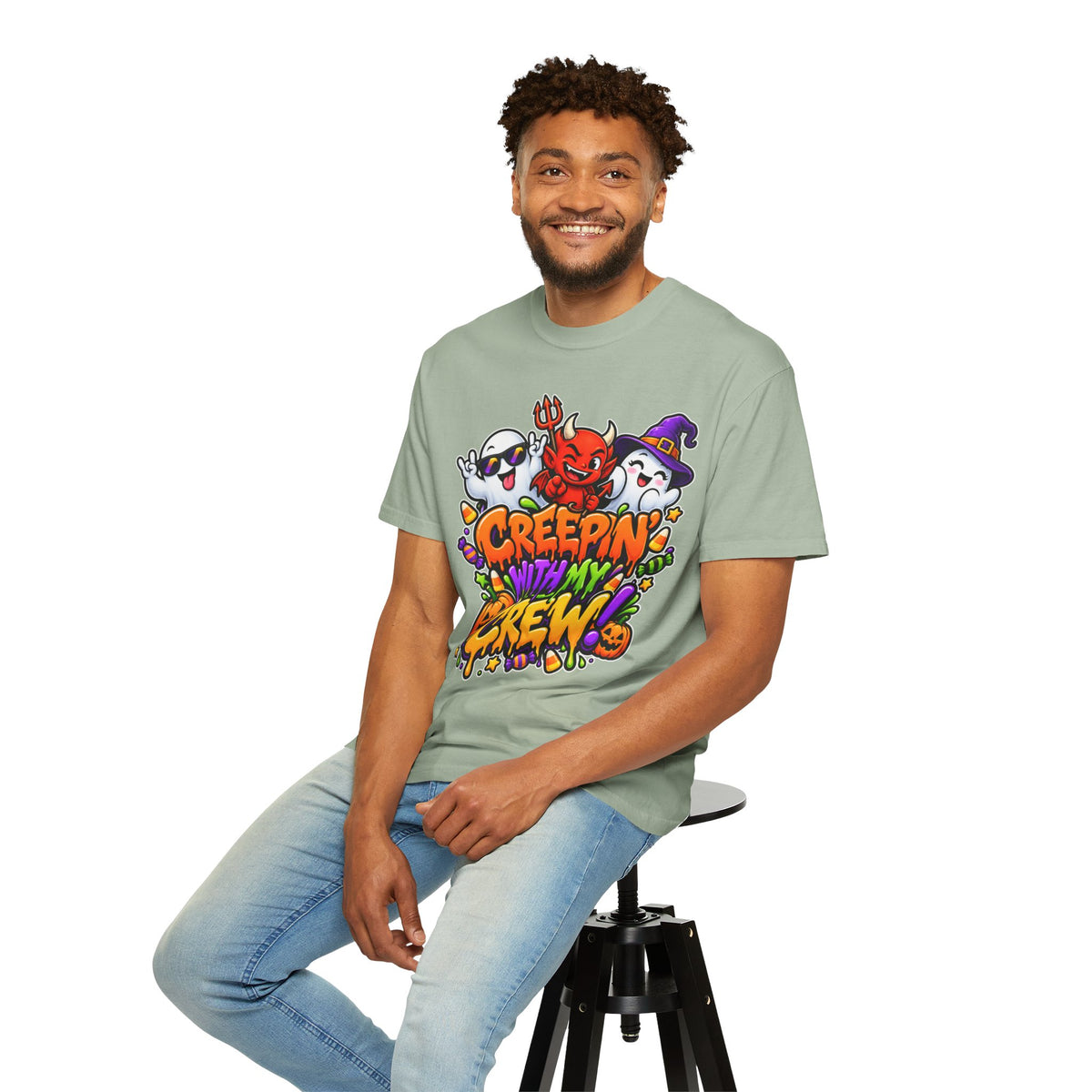 Creepin’ With My Crew Halloween T-Shirt – Colorful Funny Ghost & Devil Graphic Tee
