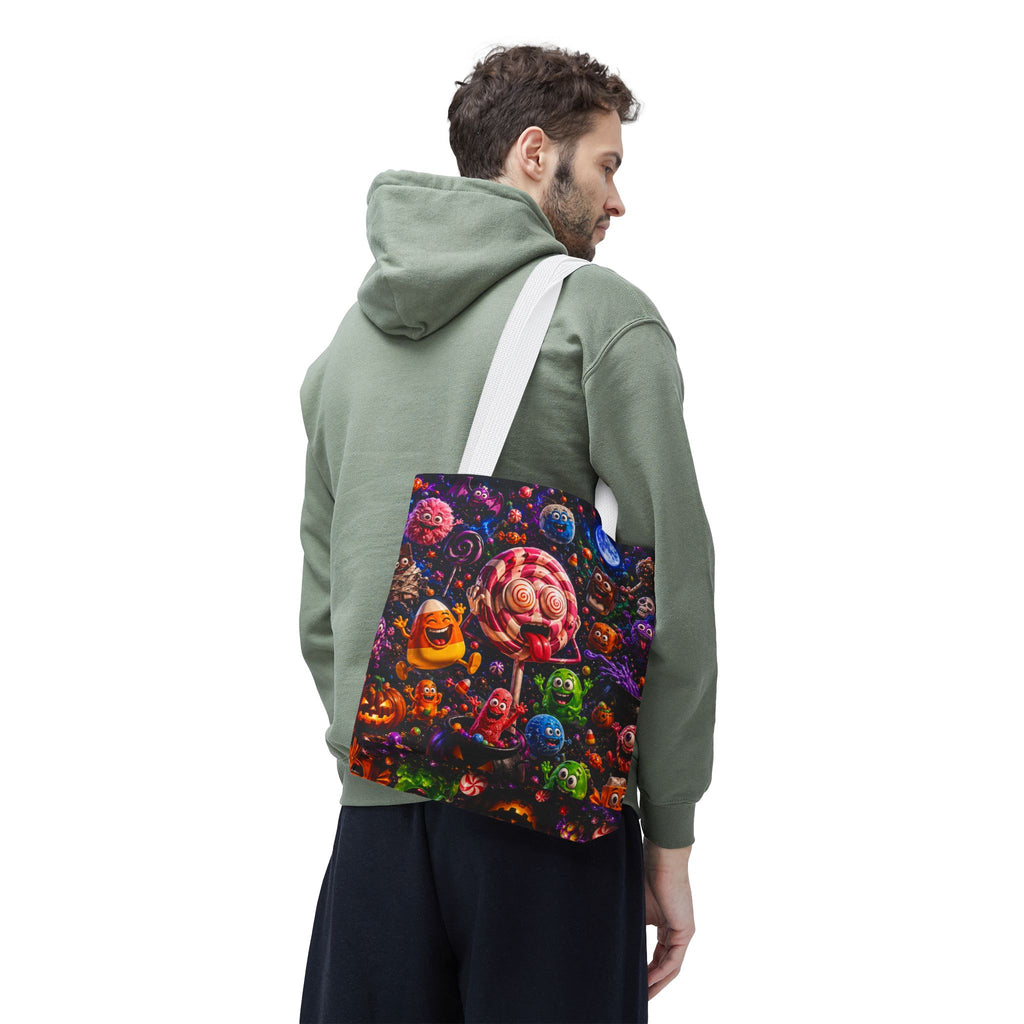 Crazy Halloween Candy Monsters Tote Bag — Colorful 3D Lolipop & Treats Design