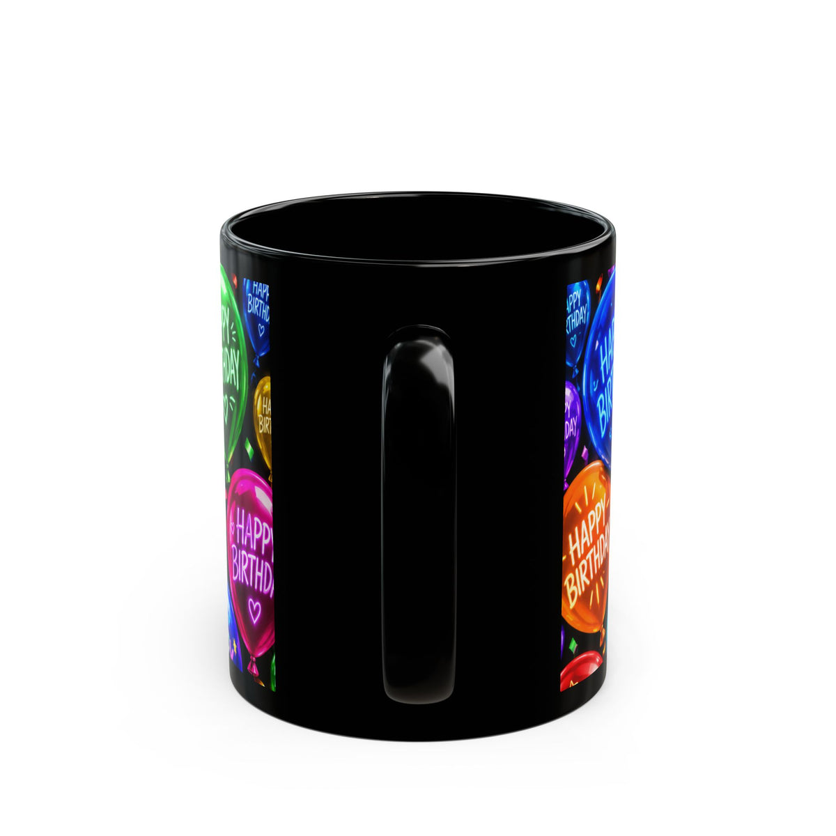 Happy Birthday Balloon Black Mug — Colorful Celebration Coffee Cup (11oz/15oz)