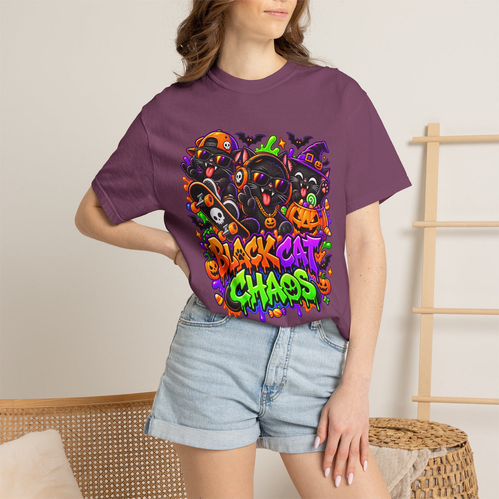 Neon Black Cat Halloween Chaos T-Shirt | Cute Spooky Cat Graphic Tee