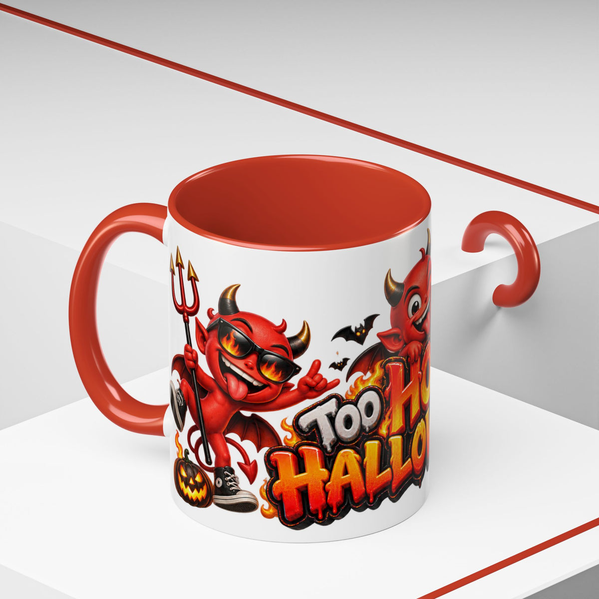 Too Hot for Halloween White Mug – Funny Devils, Flames & Spooky Design