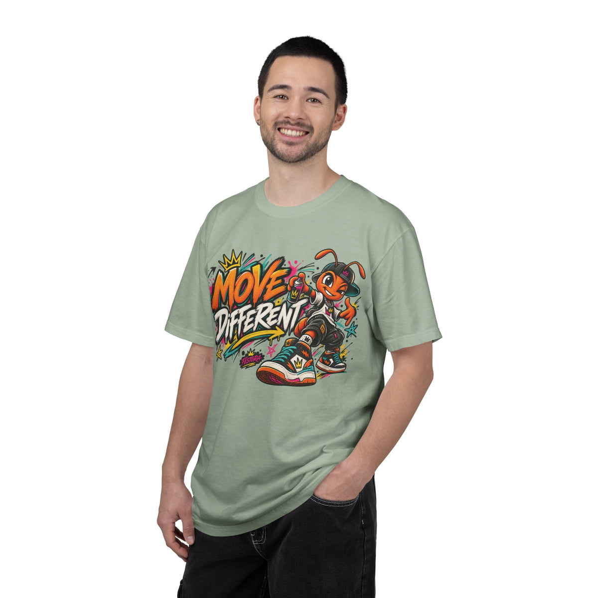 Move Different Graphic T-Shirt — Streetwear Skate Ant Mascot Design