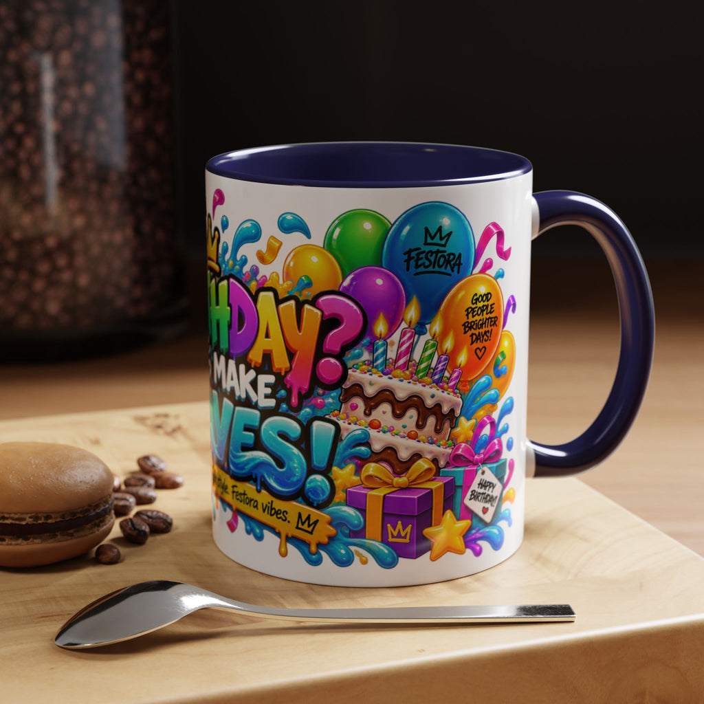 BIRTHDAY? LET’S MAKE WAVES! White Ceramic Mug – Funny Shark Birthday Coffee Cup – Original FestoraShop Design