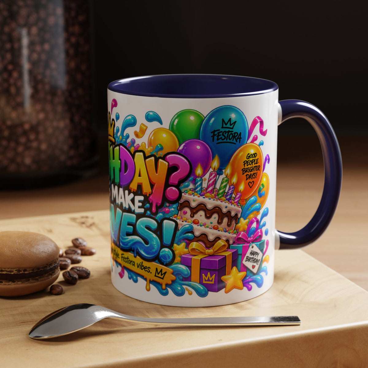 BIRTHDAY? LET’S MAKE WAVES! White Ceramic Mug – Funny Shark Birthday Coffee Cup – Original FestoraShop Design