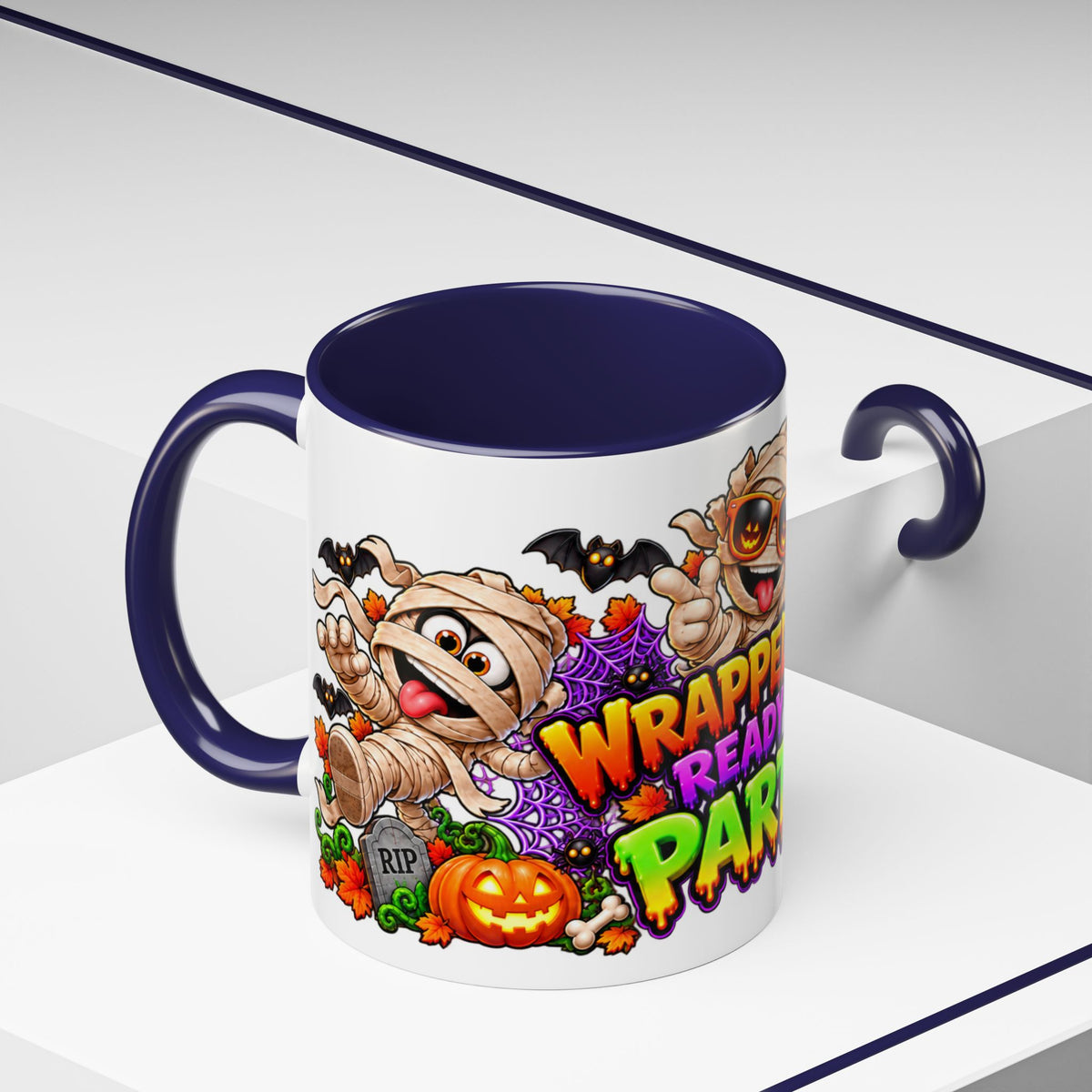Wrapped Up & Ready to Party White Mug – Funny Mummies & Spooky Party Design