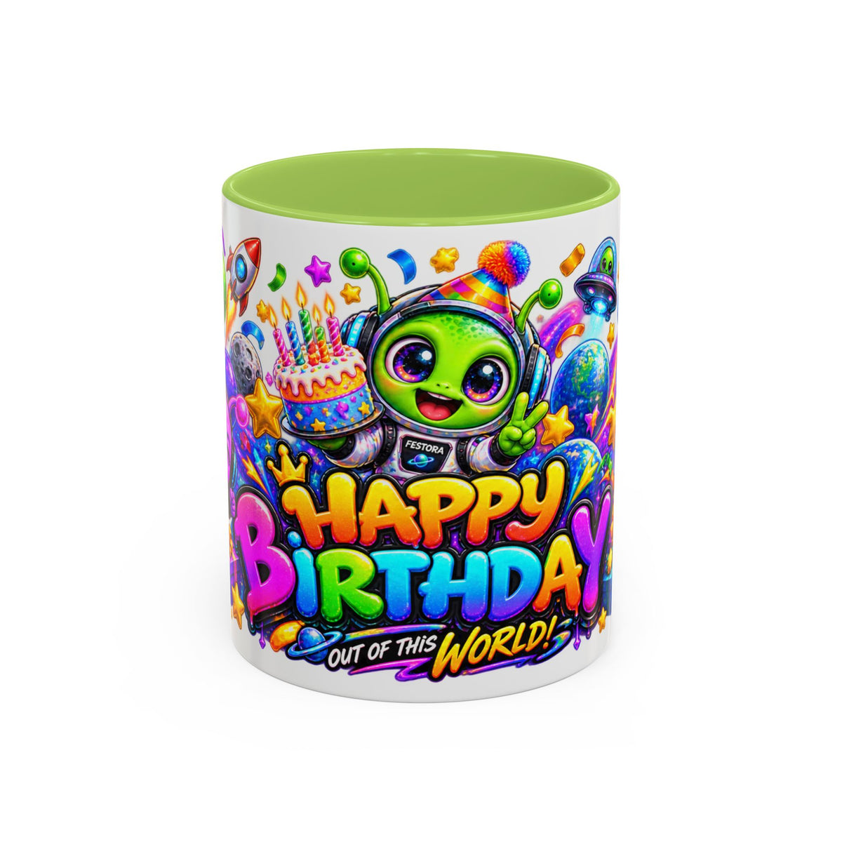 Happy Birthday Out of This World Accent Mug — Cute Alien Space Birthday Coffee Cup (11oz)