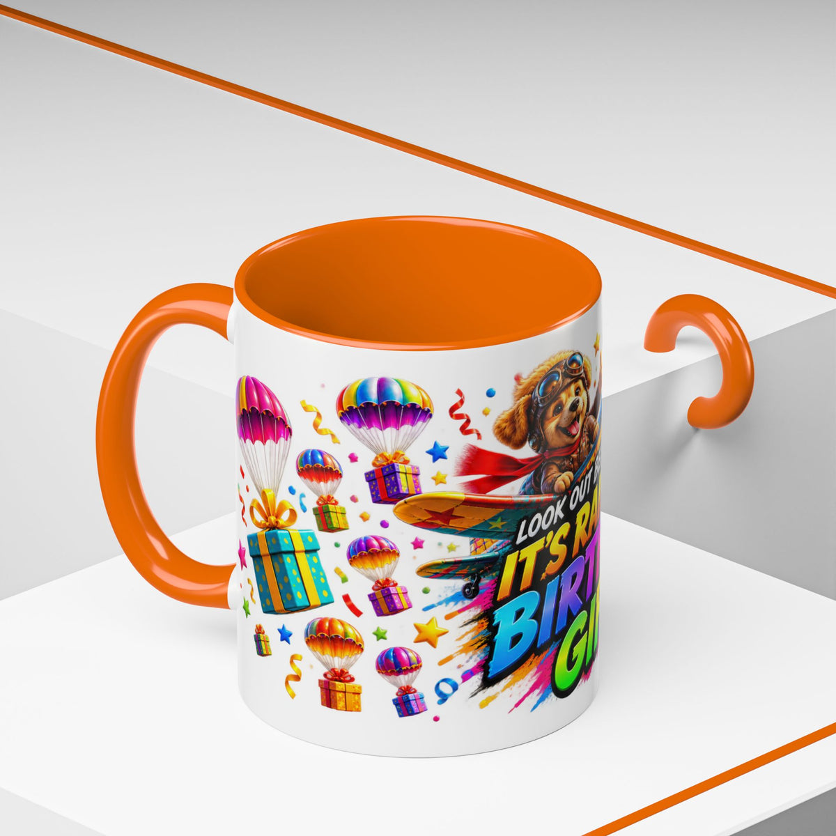Birthday Gifts Coffee Mug — "It's Raining Birthday Gifts!" Colorful Accent Mug