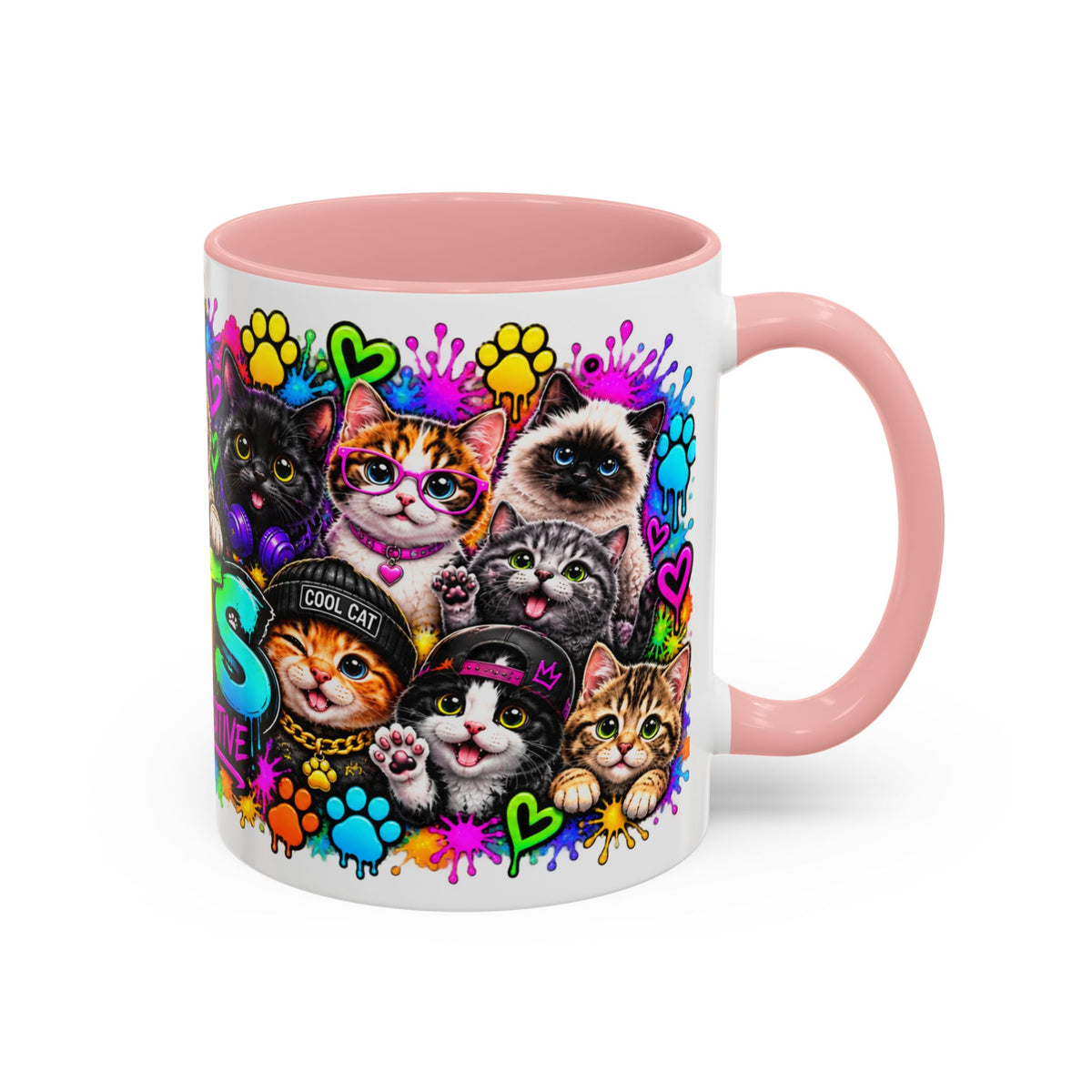 Cats Stay Pawsitive Accent Coffee Mug – Colorful Cute Cat Paw Print Design (11oz)