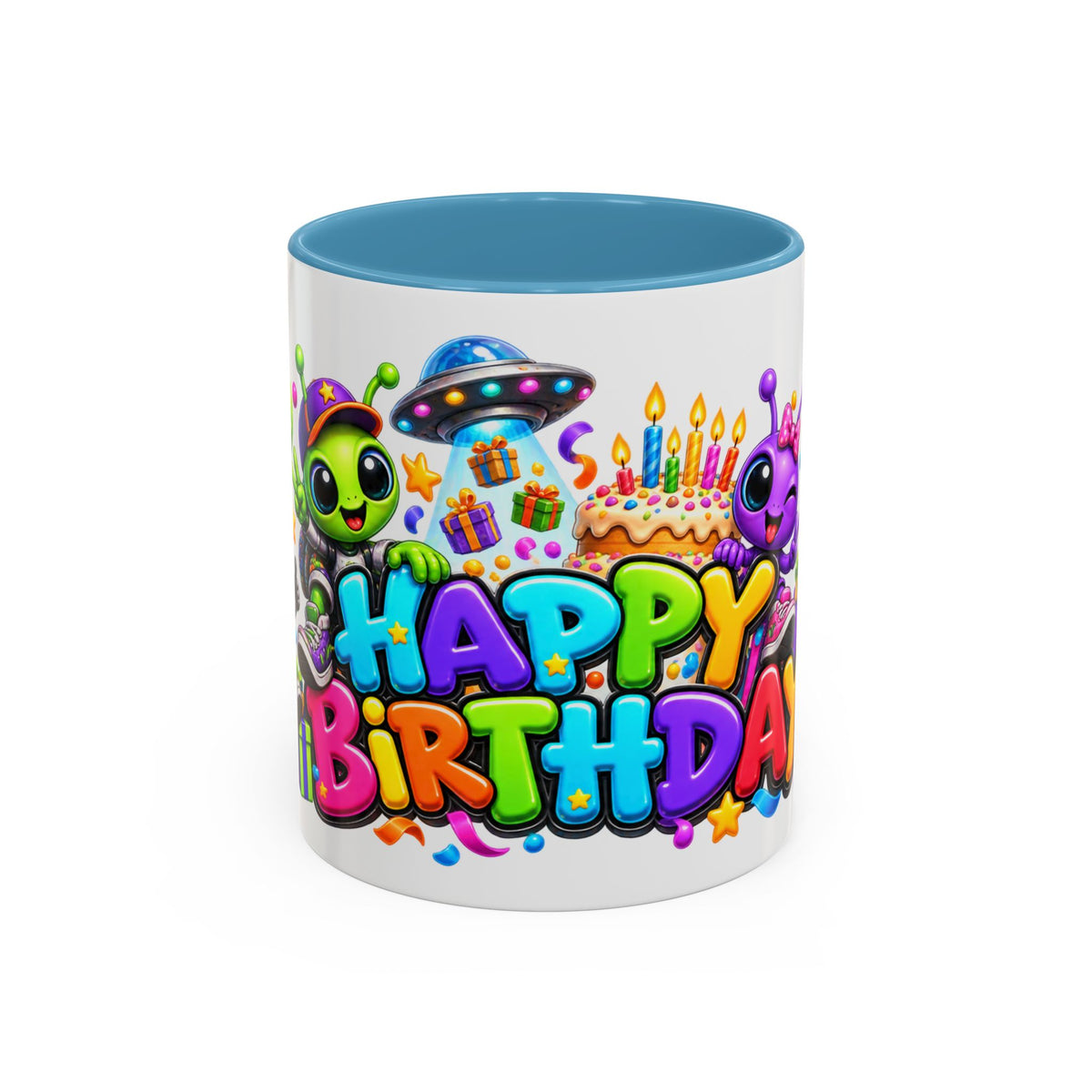 Happy Birthday Space Party Mug – Cute Aliens, Robots, UFO & Colorful 3D Birthday Design