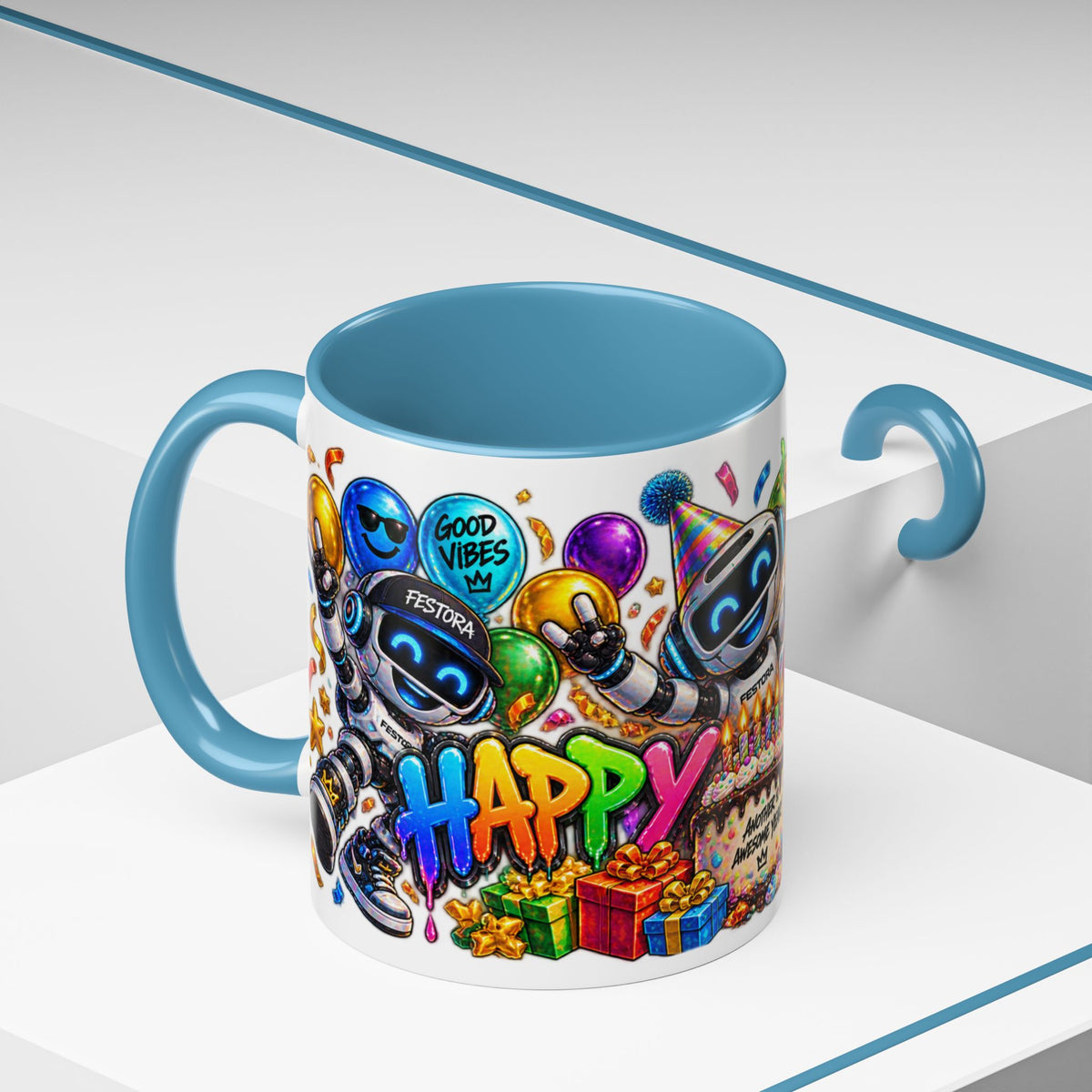 Birthday Robot Coffee Mug — Colorful Happy Birthday Accent Mug (11oz)