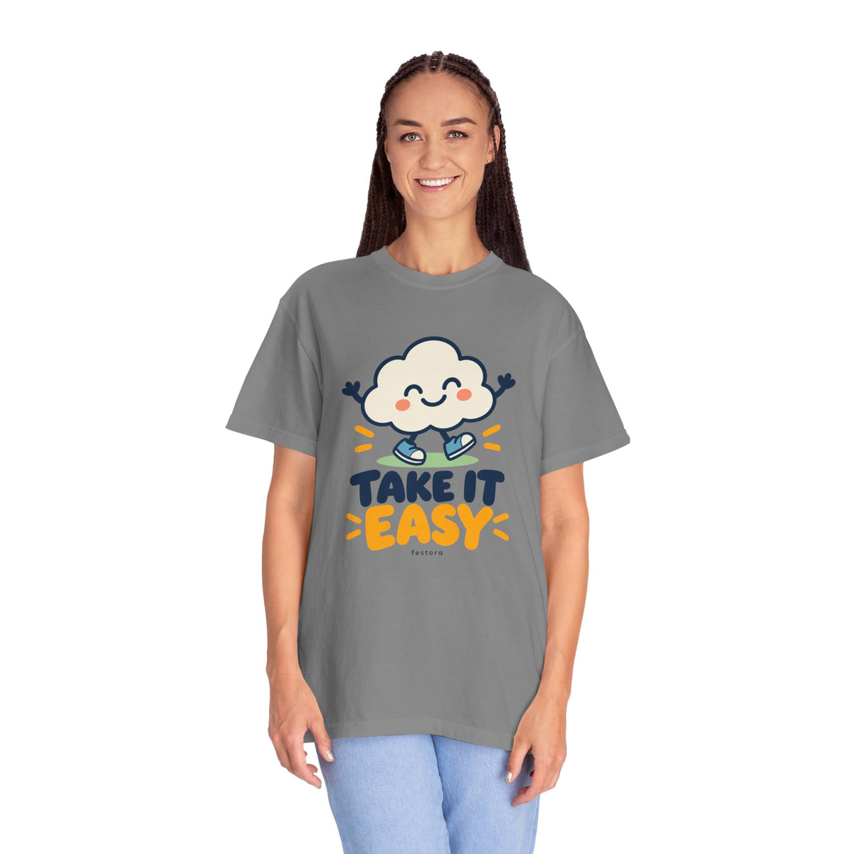 Take It Easy – Happy Cloud Graphic T-Shirt | Festora Everyday