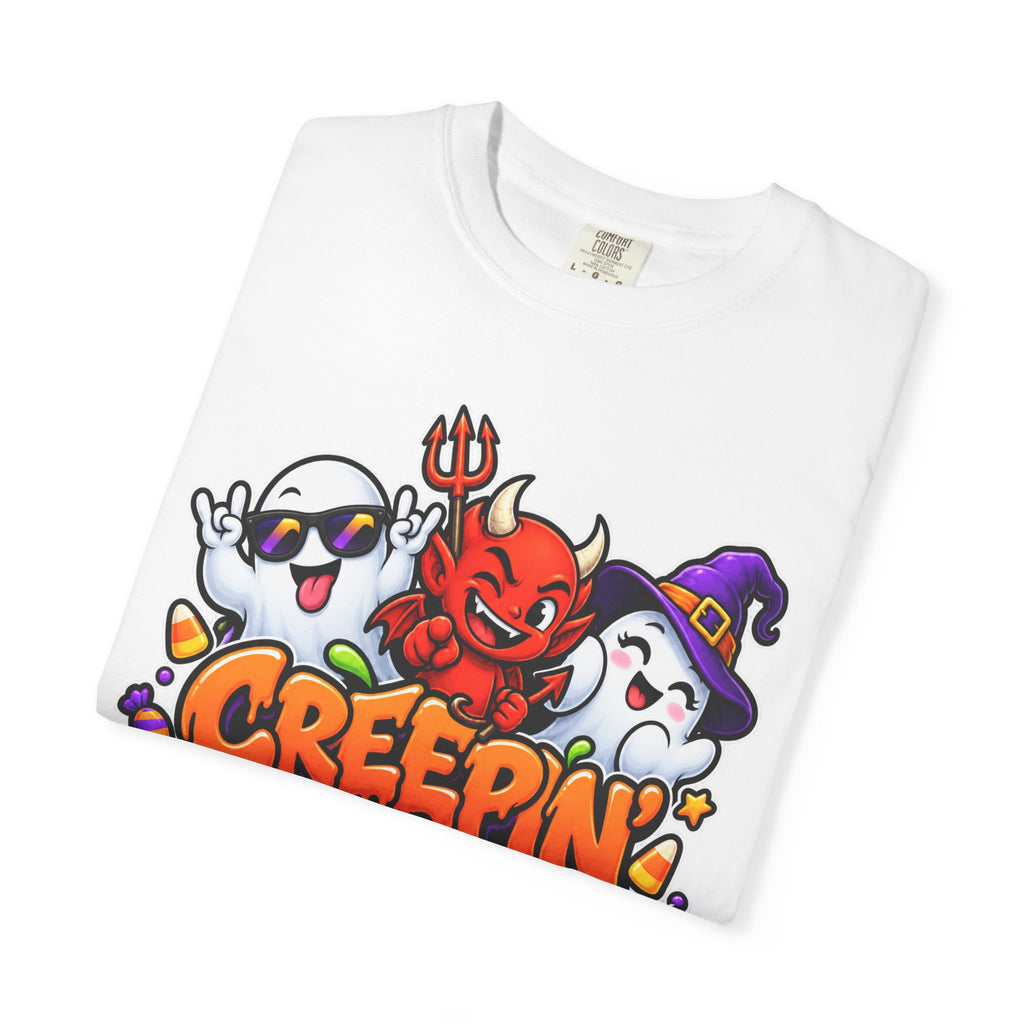 Creepin’ With My Crew Halloween T-Shirt – Colorful Funny Ghost & Devil Graphic Tee