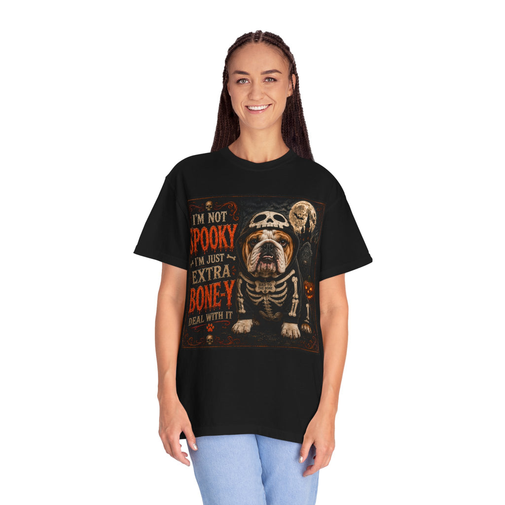 Halloween Bulldog T-Shirt – "I'm Not Spooky I'm Just Extra Boney" Skeleton Dog Tee