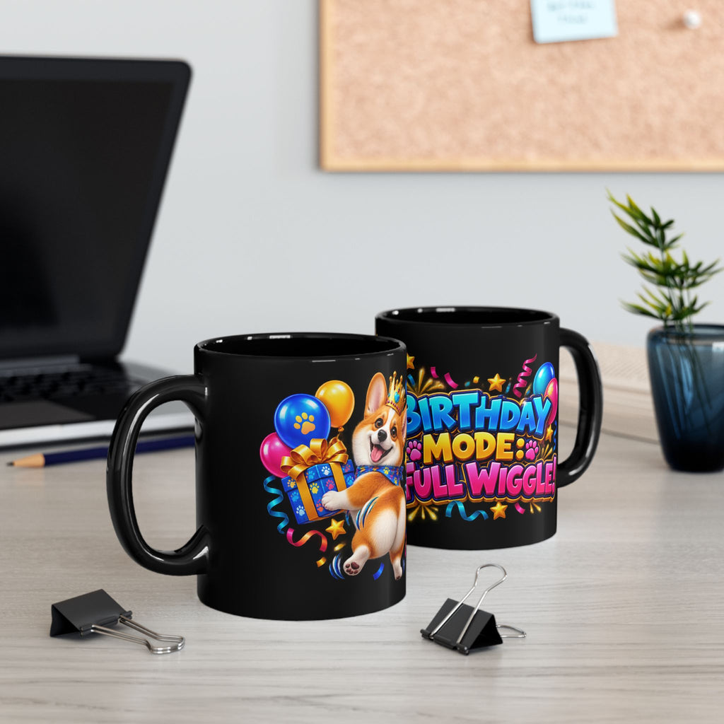 Birthday Mode Full Wiggle Corgi Black Mug