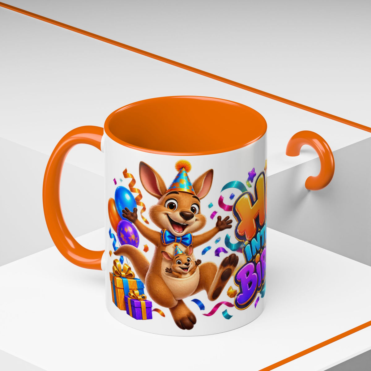 Hop Into Your Birthday White Mug – Cute Kangaroo Birthday Cup, Colorful Fun Party Gift