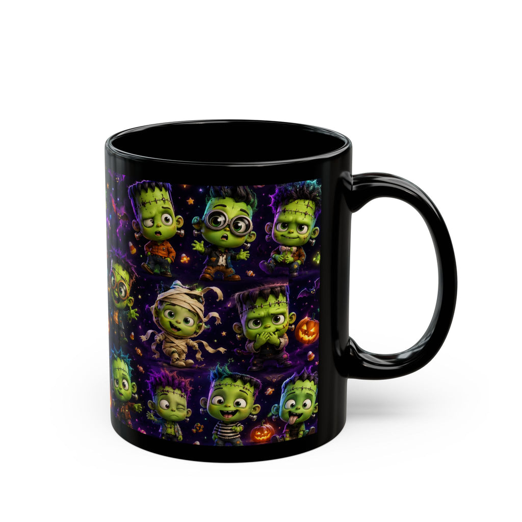 Cute Frankenstein Halloween Mug — Black Ceramic Coffee Cup with Cartoon Monsters & Pumpkins (11oz/15oz)