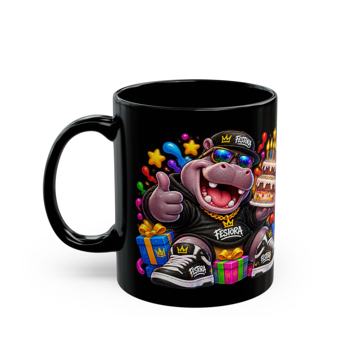 BIG BIRTHDAY ENERGY! Black Ceramic Mug – Funny Hippo Birthday Coffee Cup – Colorful Party Gift – Original FestoraShop Design
