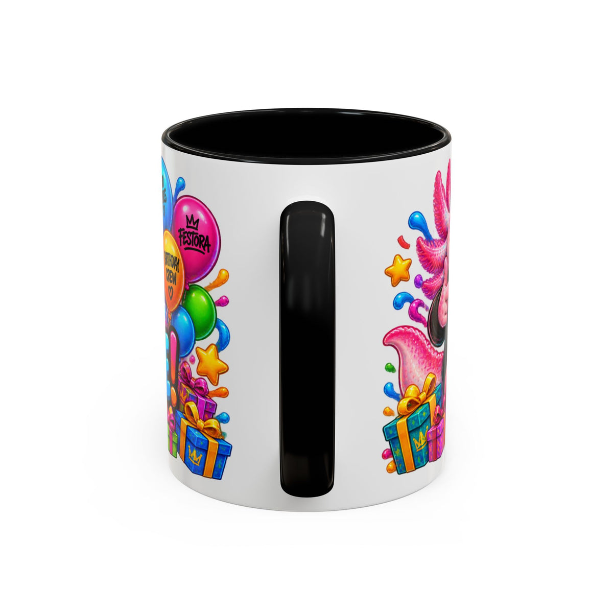 BORN TO CELEBRATE! White Ceramic Mug – Cute Axolotl Birthday Coffee Cup – Colorful Party Gift – Original FestoraShop Design