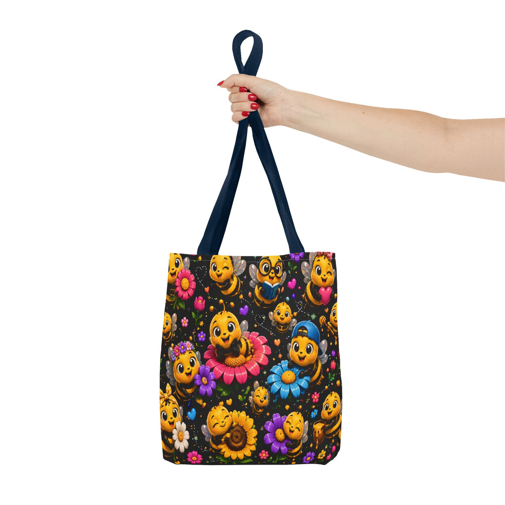 Cute Bee Pattern Tote Bag — Colorful Floral Cartoon Bees All-Over Print