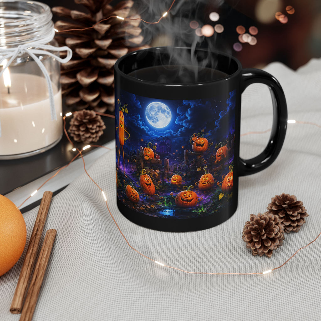 Halloween Pumpkin Patch Black Mug — Spooky Moonlit Jack-o'-Lantern Coffee Cup (11oz & 15oz)