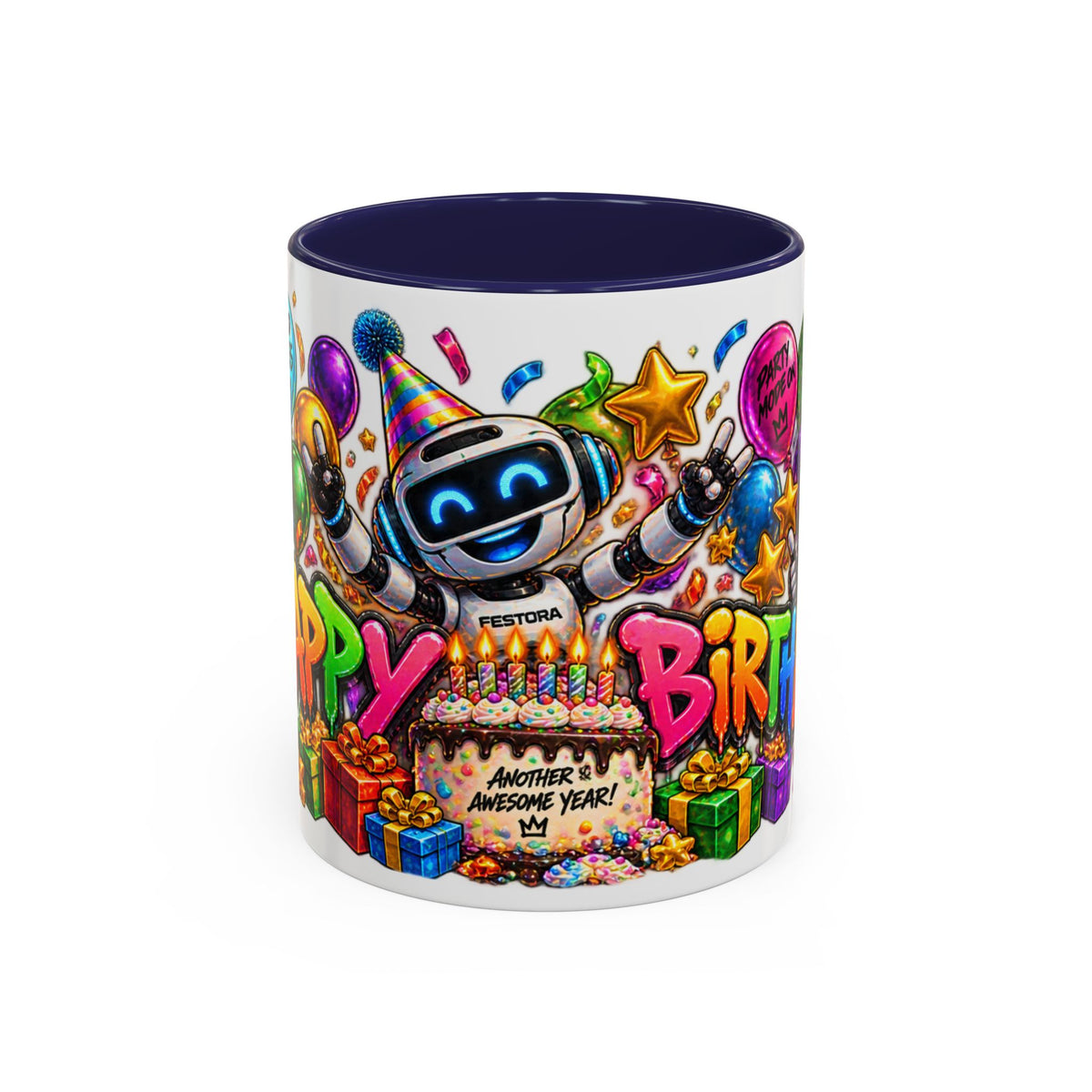 Birthday Robot Coffee Mug — Colorful Happy Birthday Accent Mug (11oz)