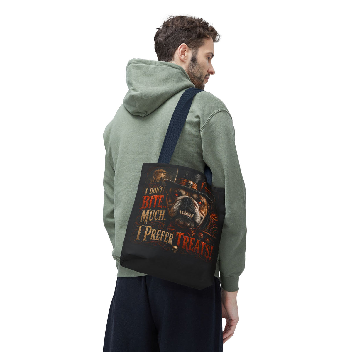 Halloween Bulldog Tote Bag — "I Don't Bite Much, I Prefer Treats" Candy‑Lovers Reusable Bag