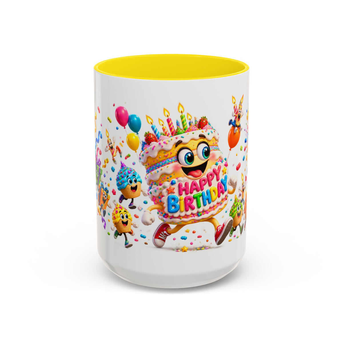 Birthday Party Coffee Mug – Colorful Happy Birthday Cake & Balloon Design (11/15oz Accent Mug)