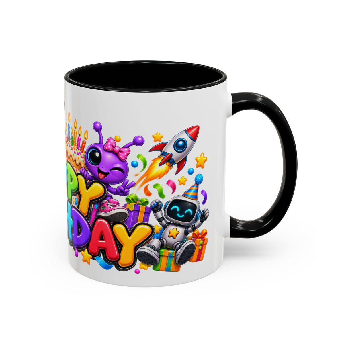 Happy Birthday Space Party Mug – Cute Aliens, Robots, UFO & Colorful 3D Birthday Design