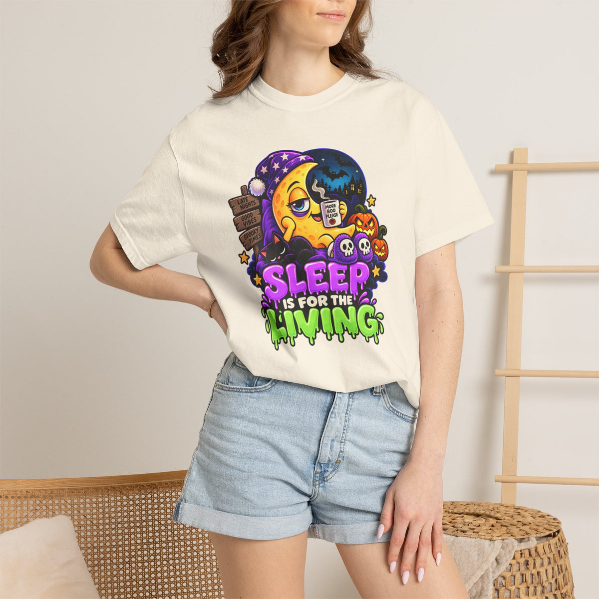 Sleep Is for the Living – Funny Halloween Moon T-Shirt