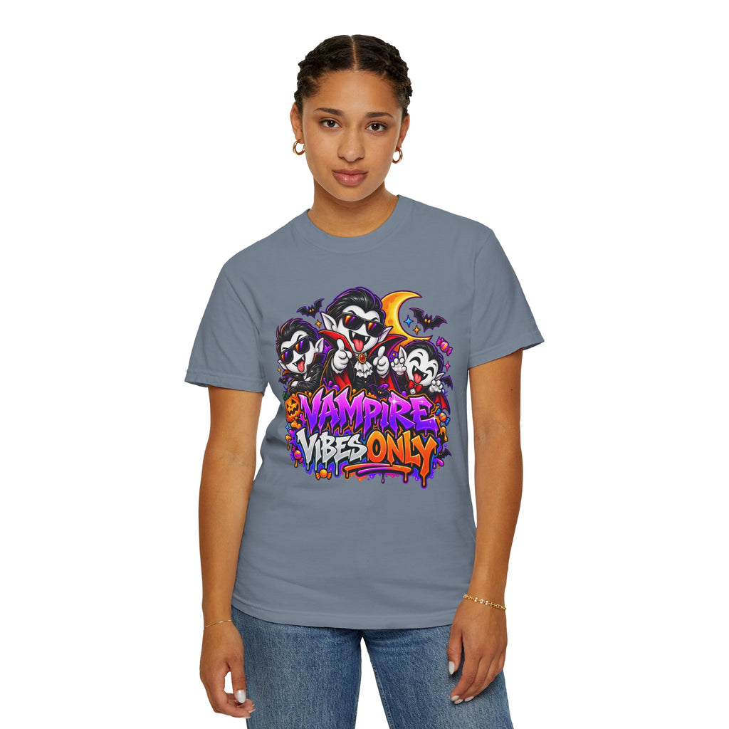 Neon Vampire Vibes Halloween Unisex Garment-Dyed T-Shirt Featuring a Cool Festora Vampire Crew