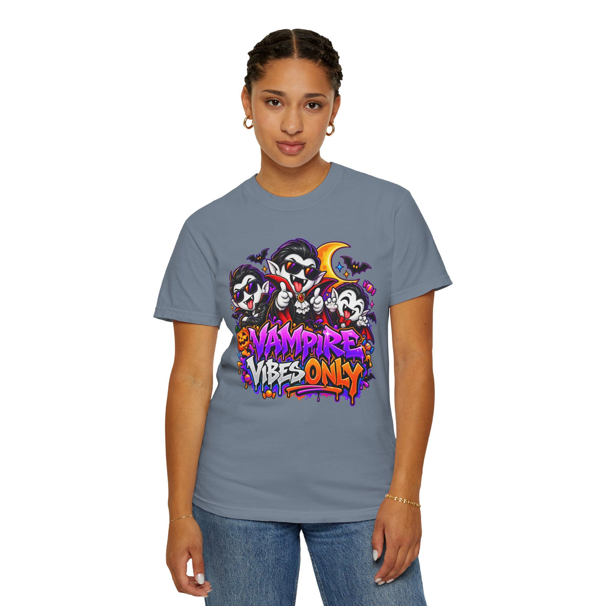 Neon Vampire Vibes Halloween Unisex Garment-Dyed T-Shirt Featuring a Cool Festora Vampire Crew