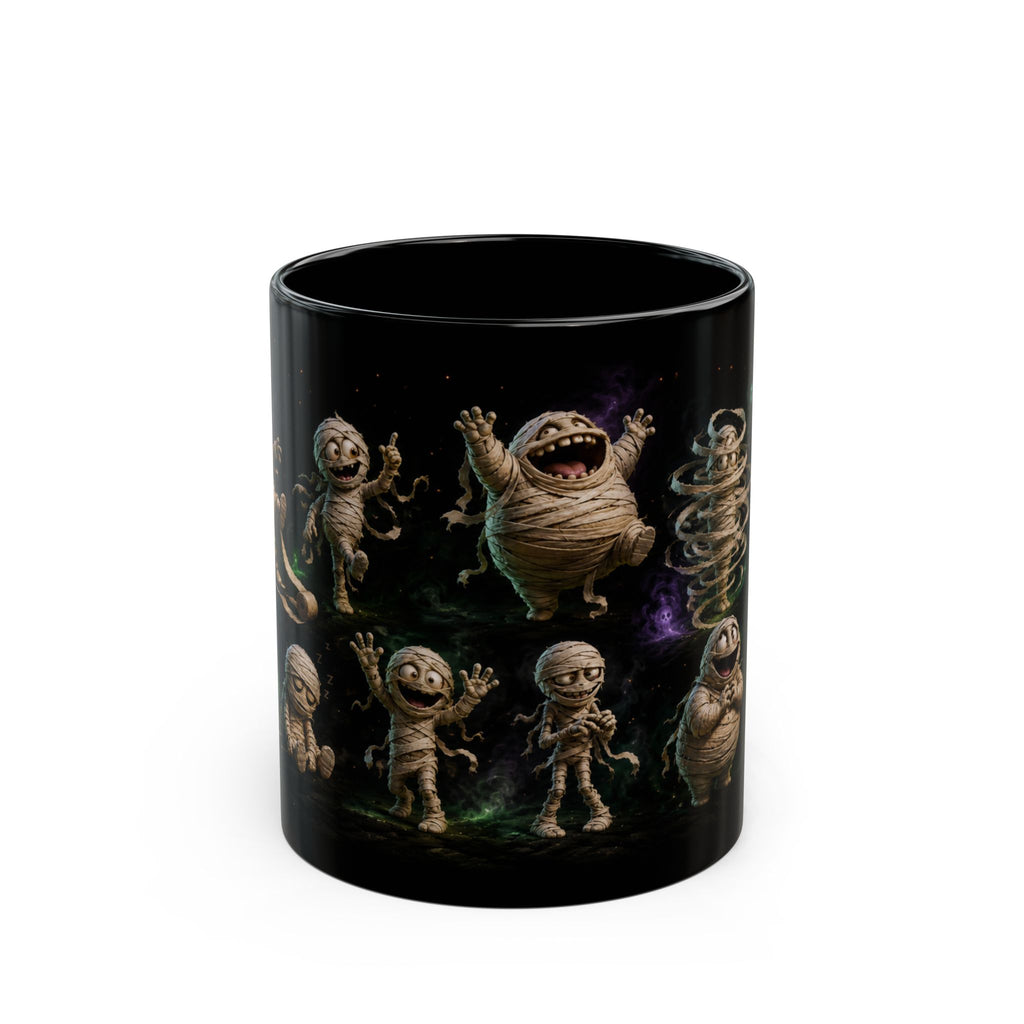 Funny Mummy Black Coffee Mug — Cute Spooky Halloween Character Pattern (11oz/15oz)