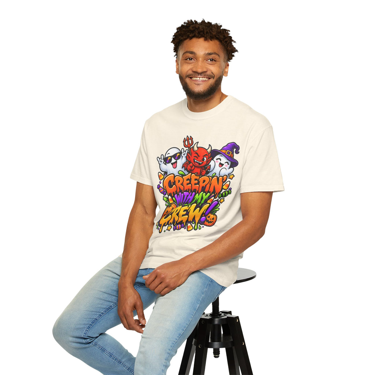 Creepin’ With My Crew Halloween T-Shirt – Colorful Funny Ghost & Devil Graphic Tee