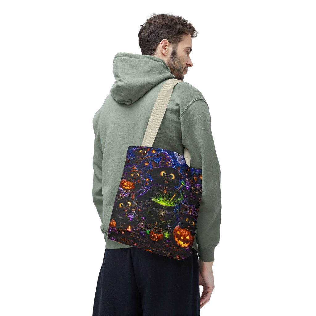 Halloween Black Cat Witches Tote Bag — Cute 3D Cats, Cauldron & Pumpkins Design