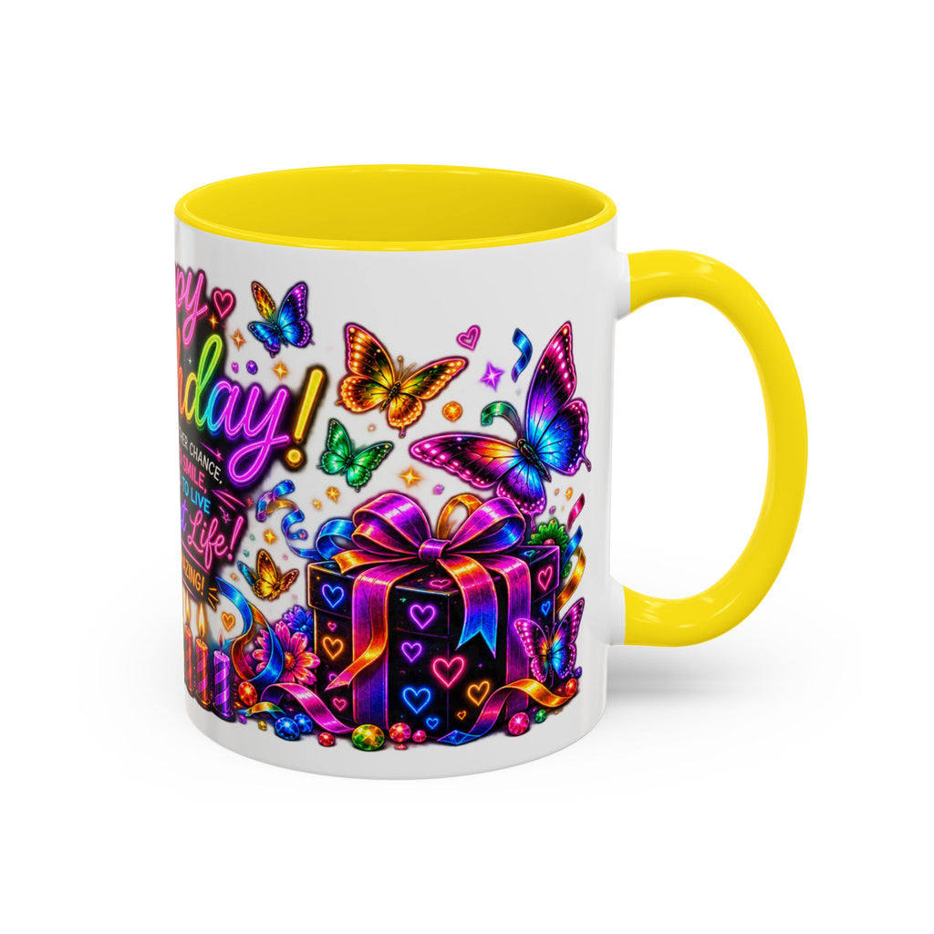 Birthday Coffee Mug – Colorful "Happy Birthday" Gift Mug with Butterflies & Candles